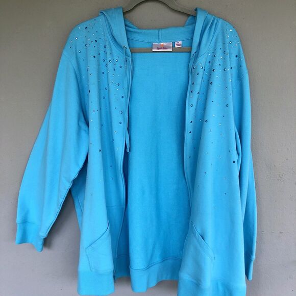 Quacker Factory 2X Hoodie Sweatshirt & Crop Pants Set Embellished Bling Full Zip - Picture 5 of 15
